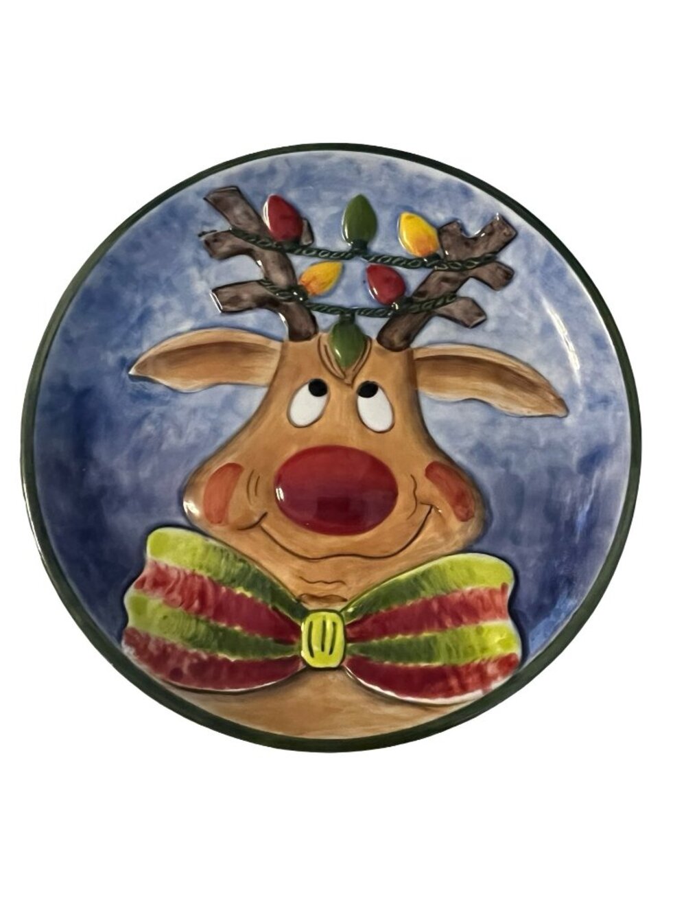 Clay Art Reindeer Plate Christmas Hand Painted 2003 Holiday Dessert Plate 8 Inch